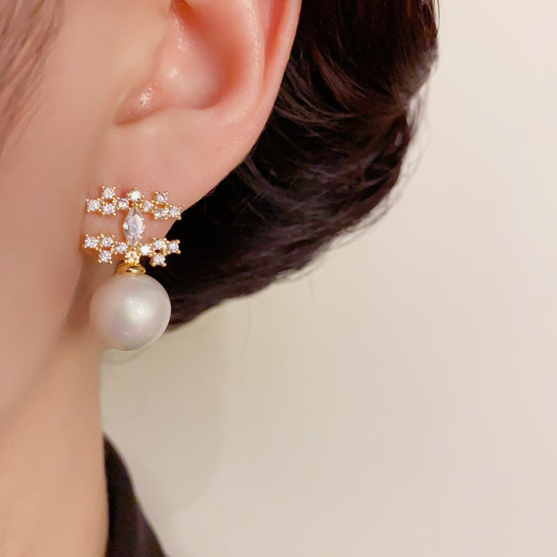 14K Gold-Plated Micro-Pavé Pearl Drop Earrings – Coco-Inspired Design