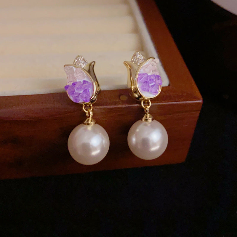 14K Gold-Plated Purple Tulip Pearl Drop Earrings–Elegant Floral Design