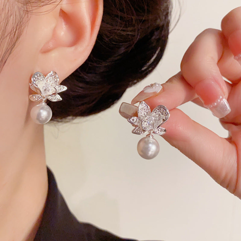 Elegant Silver Metal Petal & Pearl Drop Earrings – Floral Design