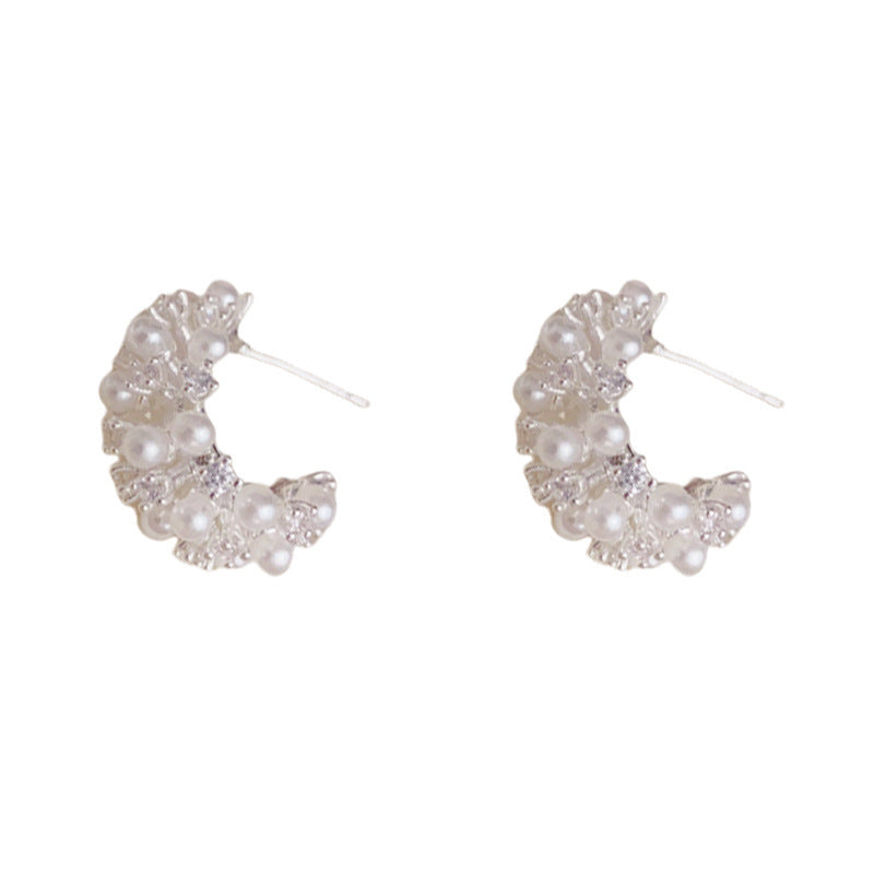 Elegant Zircon & Pearl C-Shaped Hoop Earrings – Geometric Design