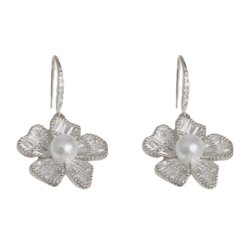 14K Gold Zircon Flower Pearl Hook Earrings – Elegant French Style