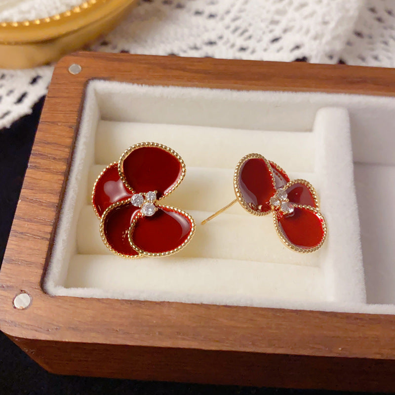 Luxury Enamel Red Petal Stud Earrings – Floral Design