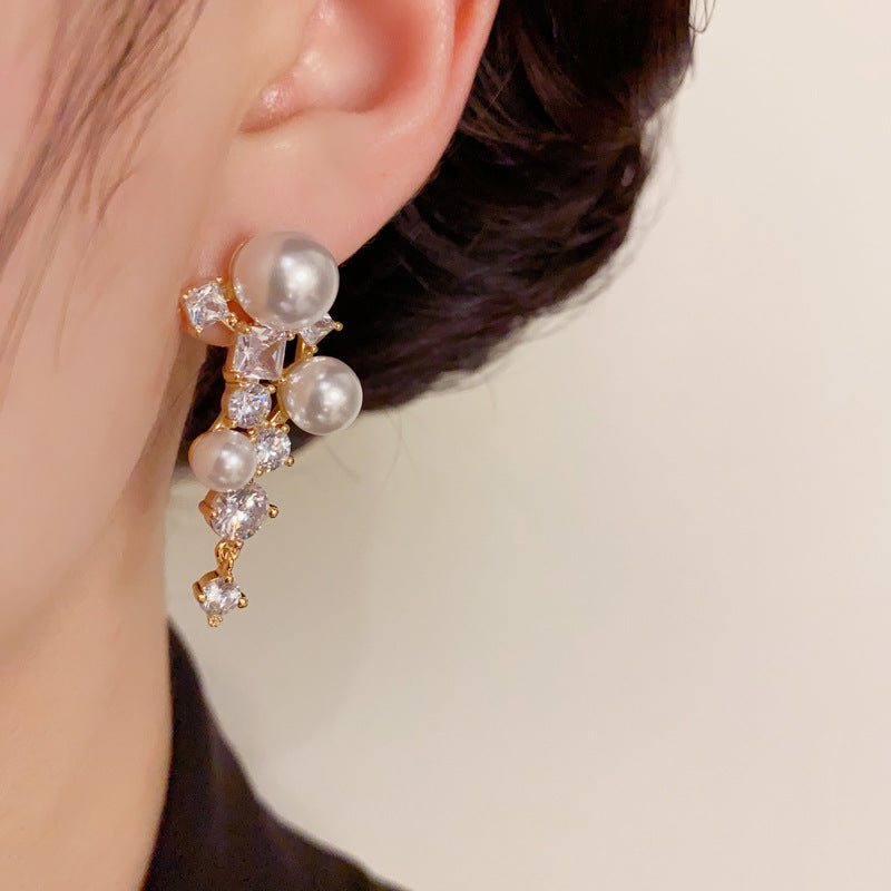 14K Gold-Plated Zircon Pearl Tassel Earrings – Bold Geometric Design
