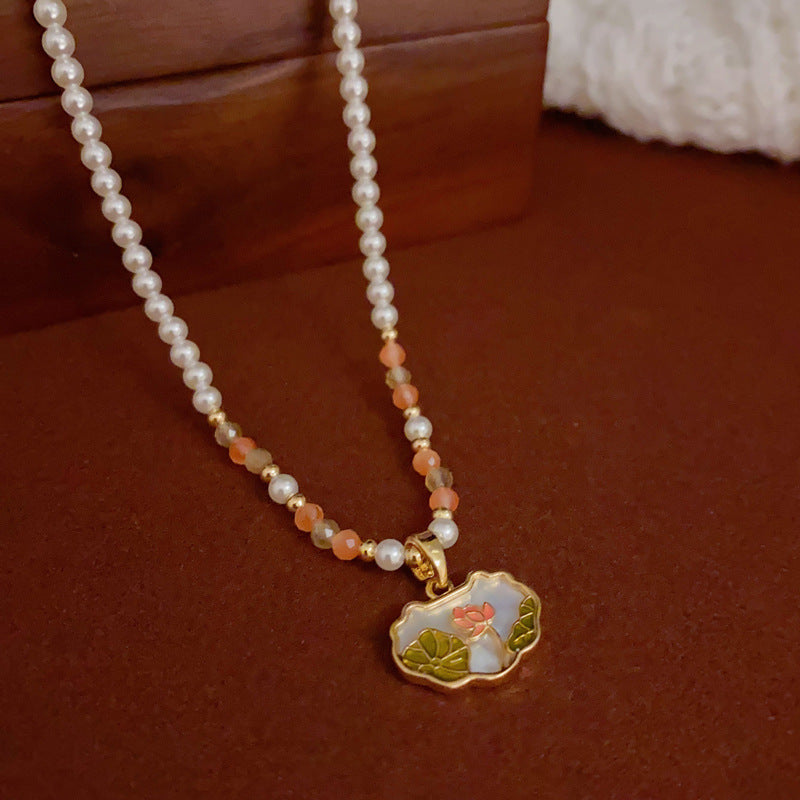 14K Gold-Plated Lotus Pendant Pearl Necklace – Elegant Design