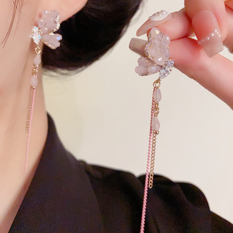 Luxury Crystal Butterfly Chain Tassel Drop Earrings – Elegant Design