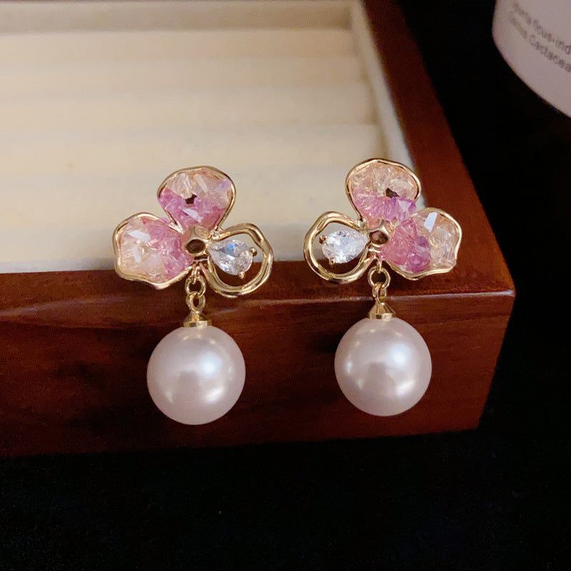 14K Gold Crystal Petal Pearl Drop Earrings - Chic Elegance Design