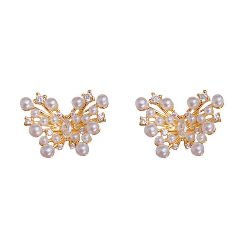 Elegant Zircon & Pearl Butterfly Stud Earrings – Animal Design