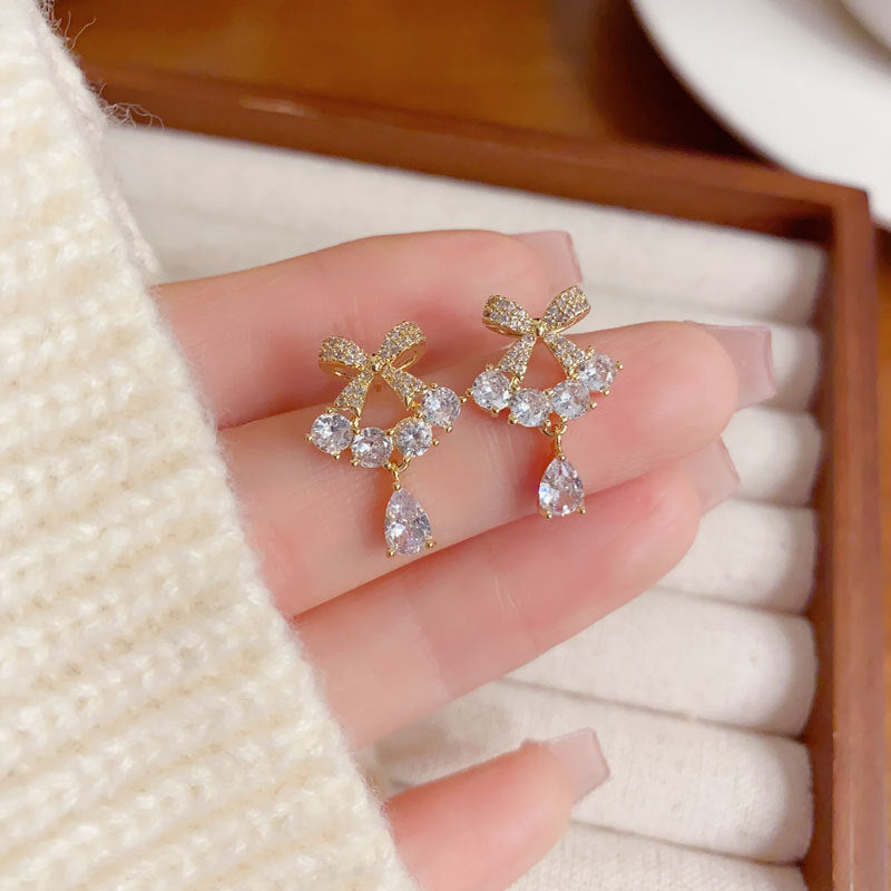 Elegant Zircon Bow Teardrop Drop Earrings – French Minimalist Design
