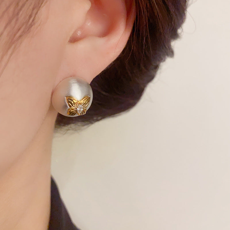 14K Gold-Plated Round Butterfly Stud Earrings - Elegant Minimalist