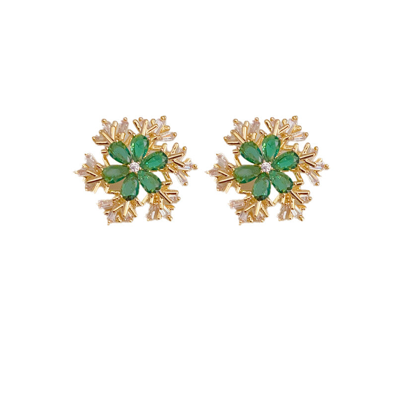 14K Gold-Plated Rotating Zircon Snowflake Stud Earrings-Winter Jewelry