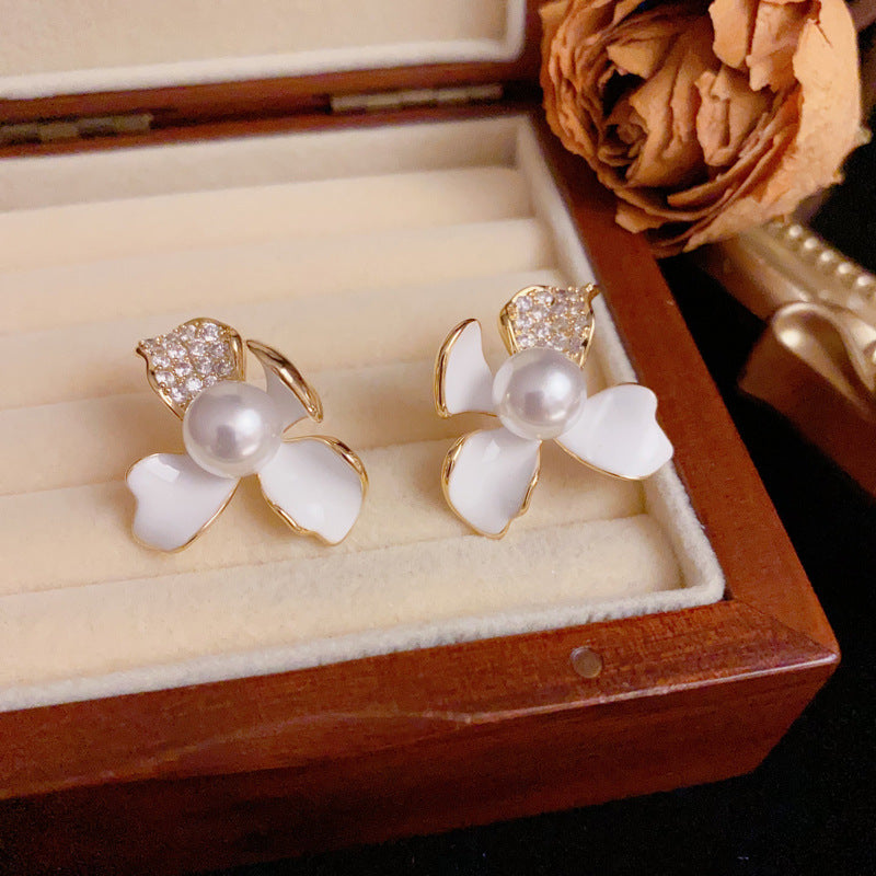 14K Gold Vintage Enamel 3D Zircon Flower Earrings – S925 Silver Needle