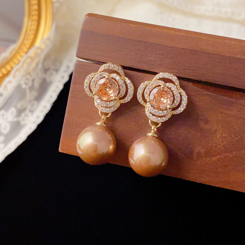 Luxury Zircon Petal Pearl Drop Earrings – French Floral Design