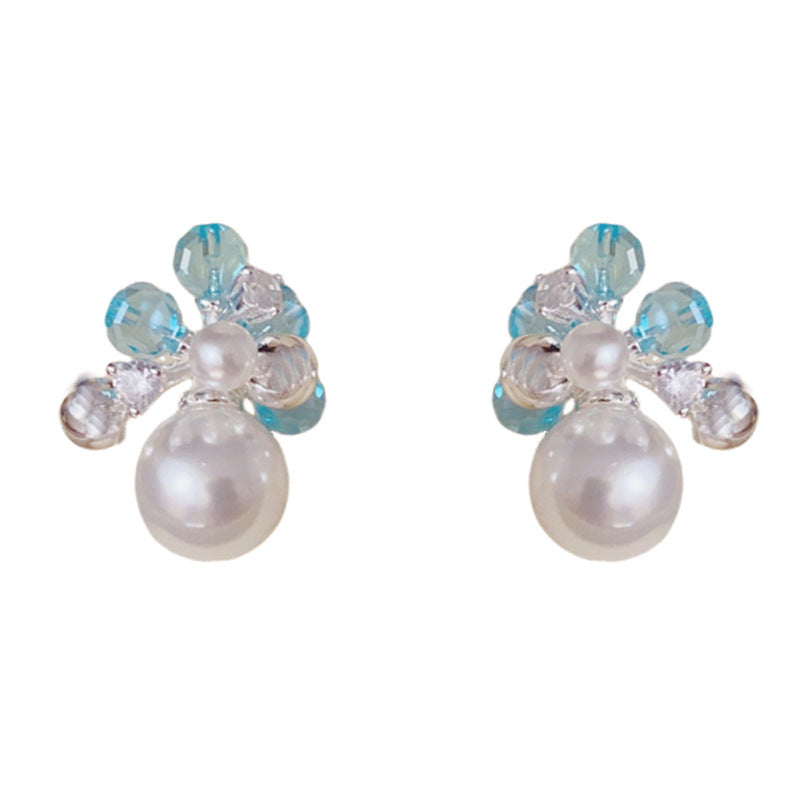 Luxury Blue Crystal & Pearl Stud Elegant Earrings – Geometric Design