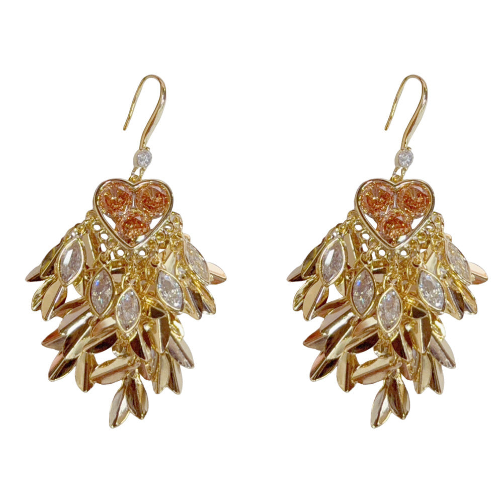Eaioncol Heart Leaf CZ Tassel Ear Hooks 14K Gold Plated