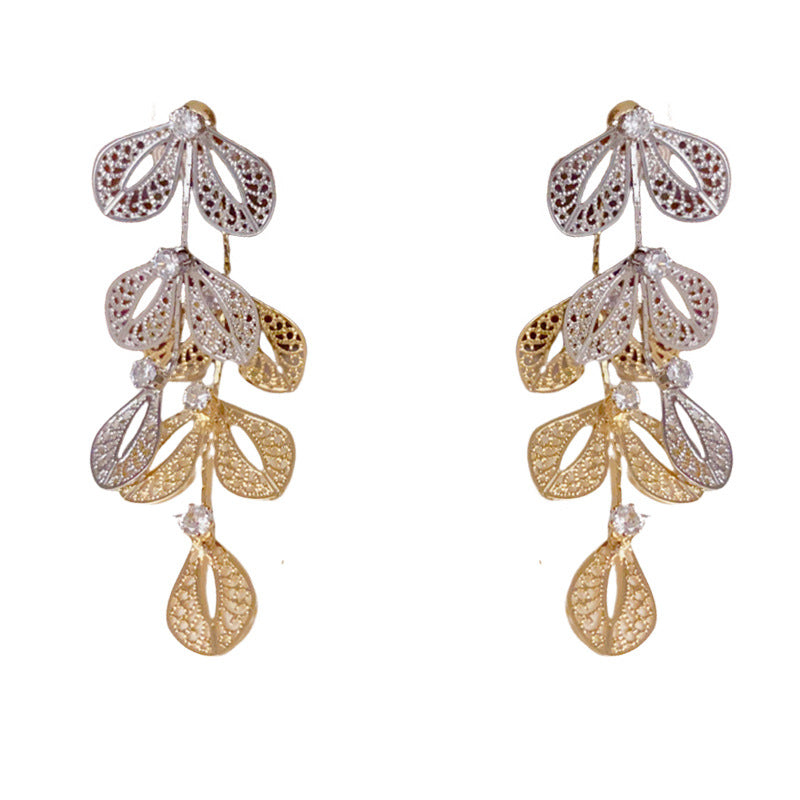 Chic Gold-Silver Leaf Tassel Front-Back Drop Earrings – Elegant Design