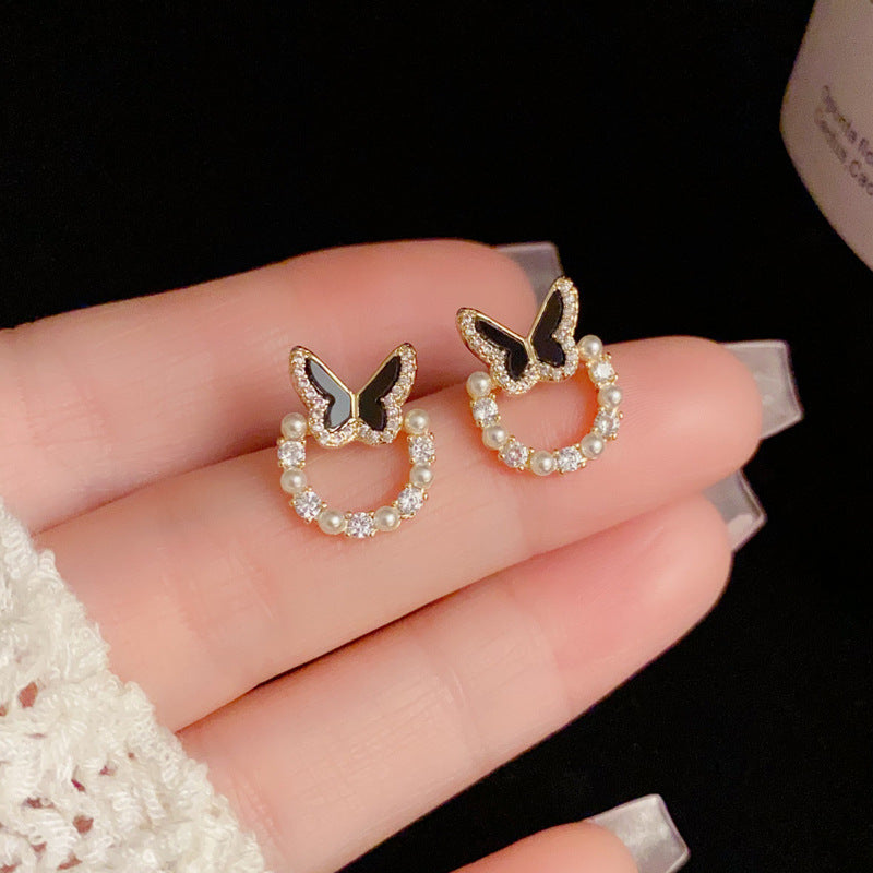 14K Gold-Plated Black Zircon Bead Butterfly Circle Earring - Elegant