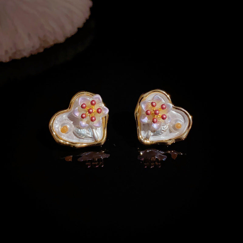 14K Gold Handcrafted Enamel Heart Flower Stud Earrings– Elegant Design