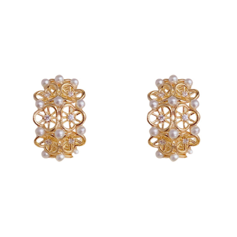 Elegant Pearl Openwork Petal Hoop Earrings – Floral Design