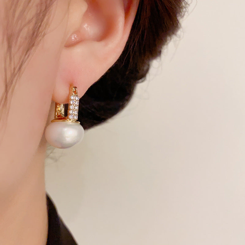 14K Gold Full Zircon Square Pearl Earrings - Chic Elegance Design