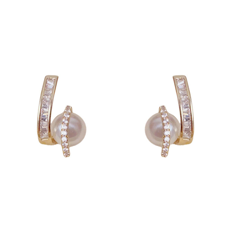 Elegant Zircon Geometric Pearl Stud Earrings – Geometric Design