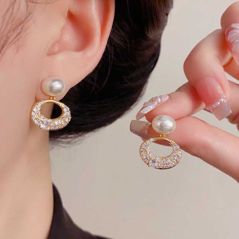 Eaioncol Geometric Pearl CZ Oval Drop Earrings Gold