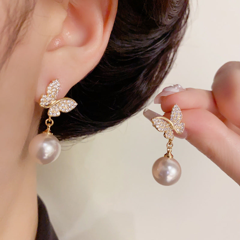 14K Gold-Plated Butterfly Pearl Drop Earrings – Elegant Chic Design