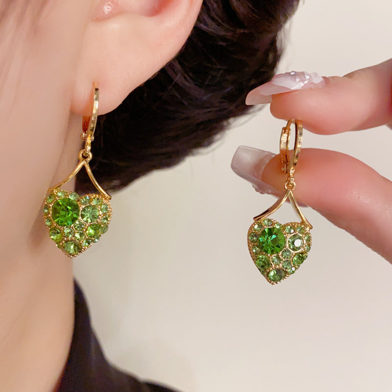 14K Gold-Plated Green Zircon Heart Tassel Earrings– Elegant Chic Style