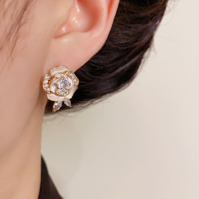 14K Gold-Plated Zircon Camellia Ear Cuffs – Elegant Floral Design
