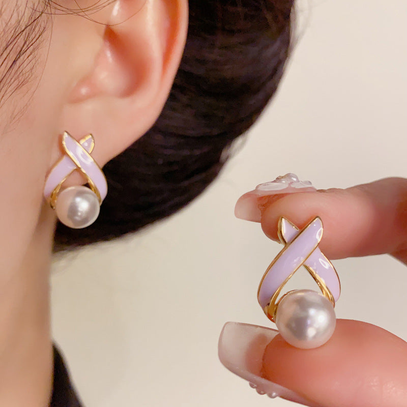 14K Gold-Plated Enamel Cross Pearl Stud Earrings – Minimalist Chic