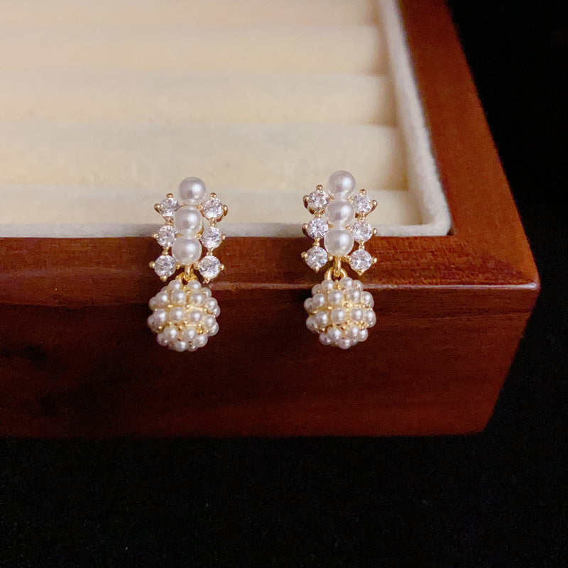 14K Gold Minimalist Zircon & Pearl Ball Stud Earrings – Elegant Design