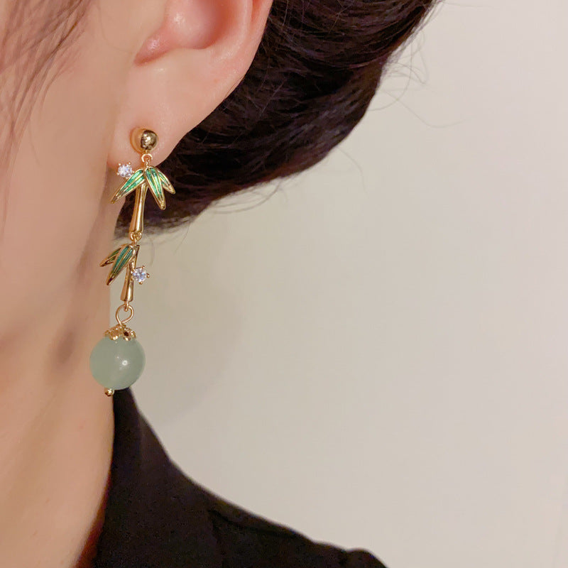 Luxury Zircon Metal Bamboo Leaf Drop Earrings – Elegant Design