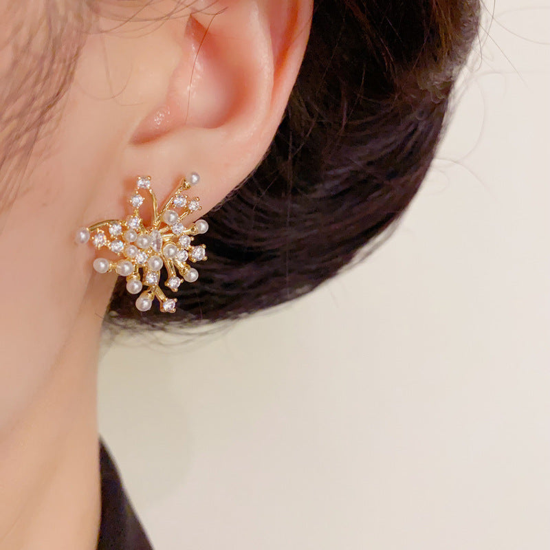 14K GoldLuxury Zircon & Pearl Firework Stud Earrings– Geometric Design