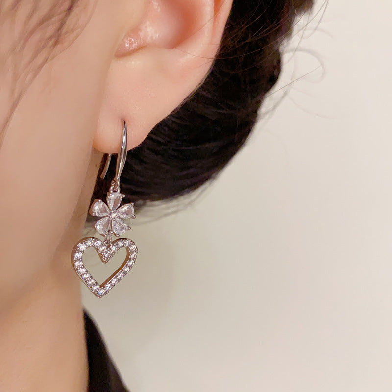 14K Gold Luxury Zircon Flower & Heart Drop Earrings – Elegant Design