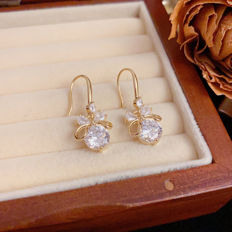 Luxury Zircon Bow Ear Hook Earrings – Silver Needle Elegant Design