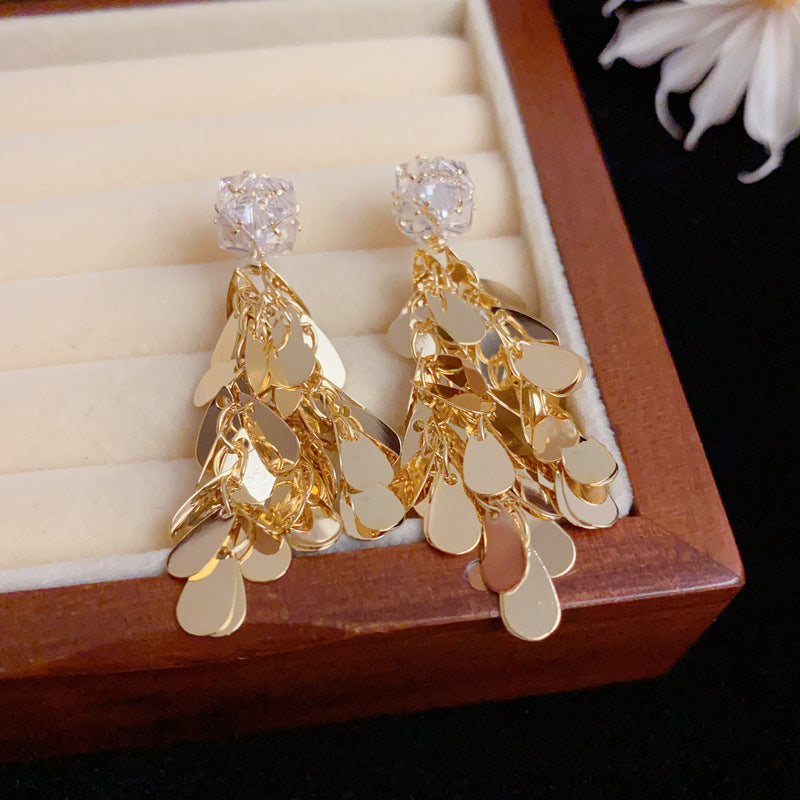 Luxury Square Zircon Metal Teardrop Tassel Earrings – Elegant Design