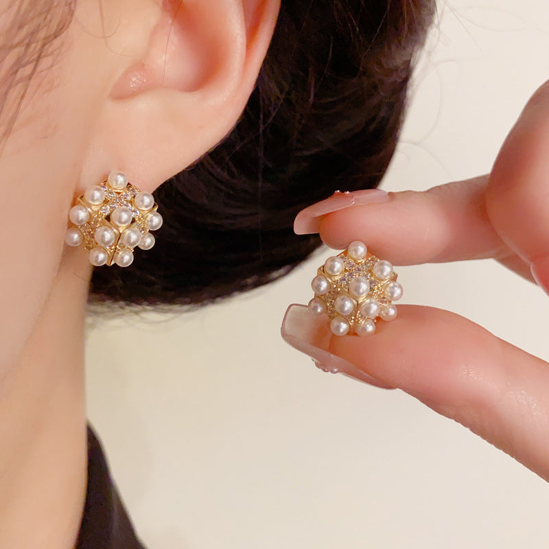 14K Gold Minimalist Pearl Square Stud Earrings – Geometric Design