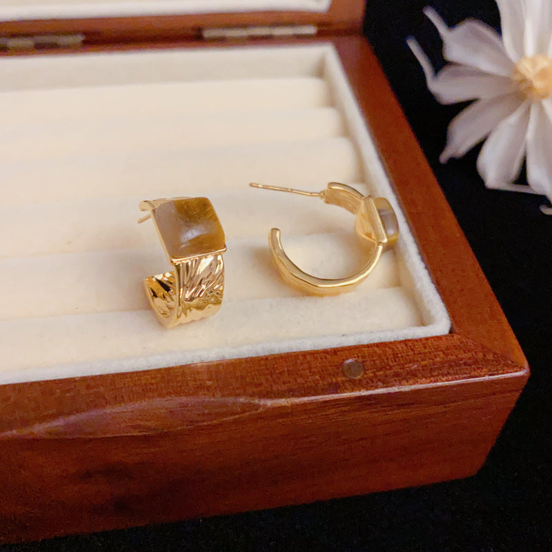 Elegant Tiger's Eye Square Hoop Gold Earrings – Geometric Design