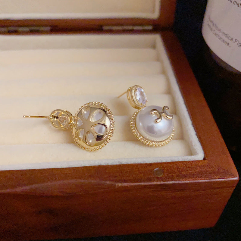 14K Gold-Plated Pearl Double-C Drop Earrings – Chic & Elegant Design