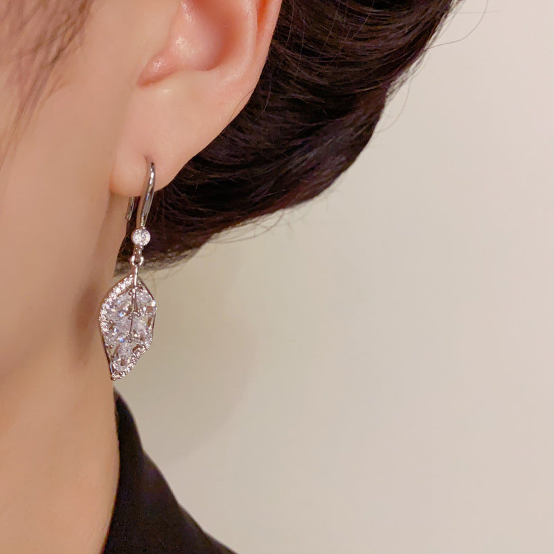 Luxury Full-Zircon Leaf Tassel Ear Hook Earrings – Elegant Design
