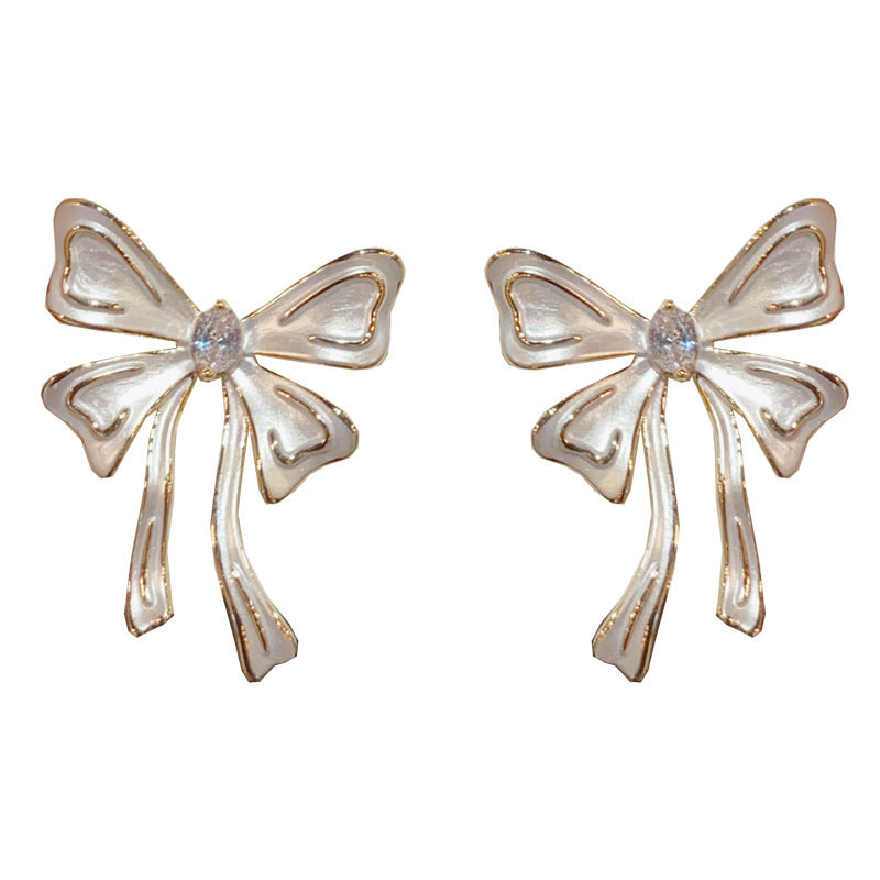 14K Gold White Enamel Bowknot Earrings - Chic Elegance Design