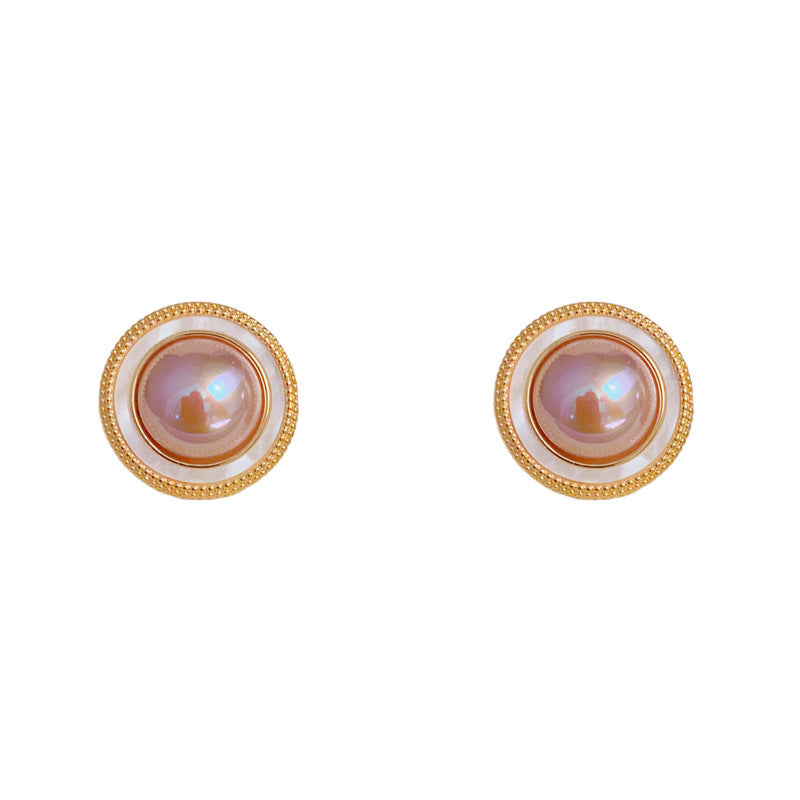 Elegant Iridescent Pearl Round Stud Gold Earrings – Geometric Design