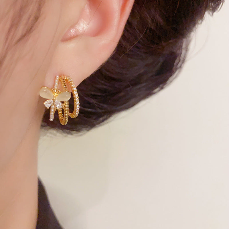 Zircon Butterfly Multi-Layer Arc Stud Earrings – S925 Silver Needle