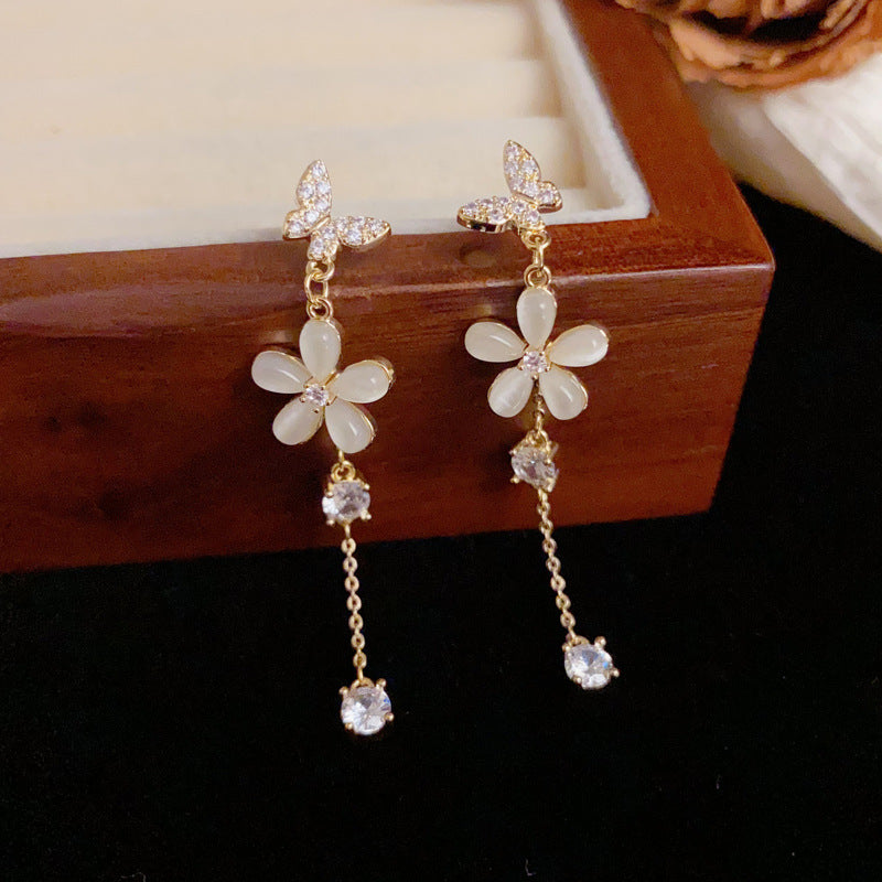 Luxury Zircon Cat's Eye & Flower Tassel Drop Earrings – Elegant Design