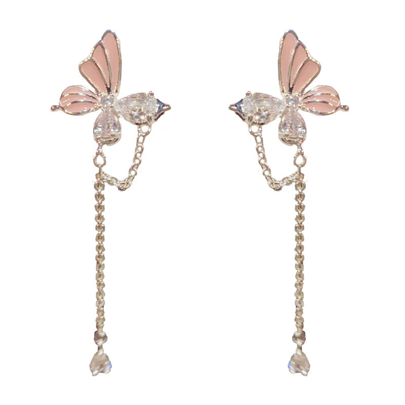 14K Gold-Plated Zircon Butterfly Chain Tassel Earrings– Elegant Design