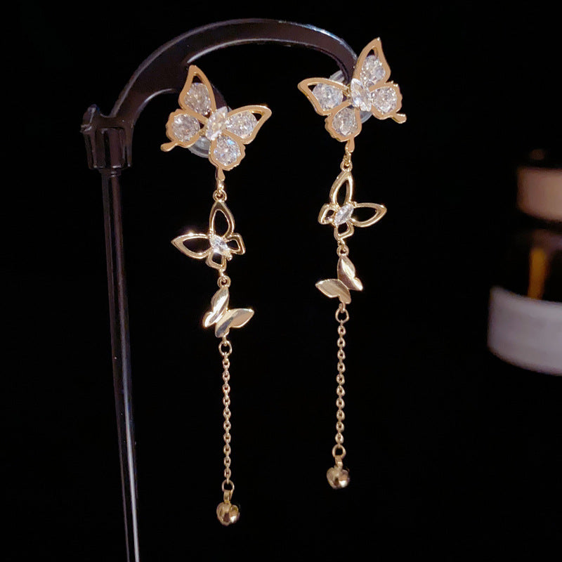 14K Gold-Plated Zircon Butterfly Tassel Earrings – Elegant Design