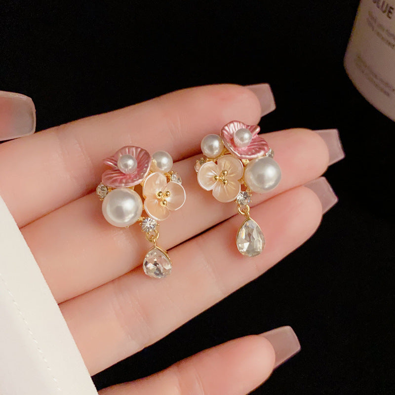 14K Gold French Style Flower Petal Pearl Drop Earrings– Elegant Design