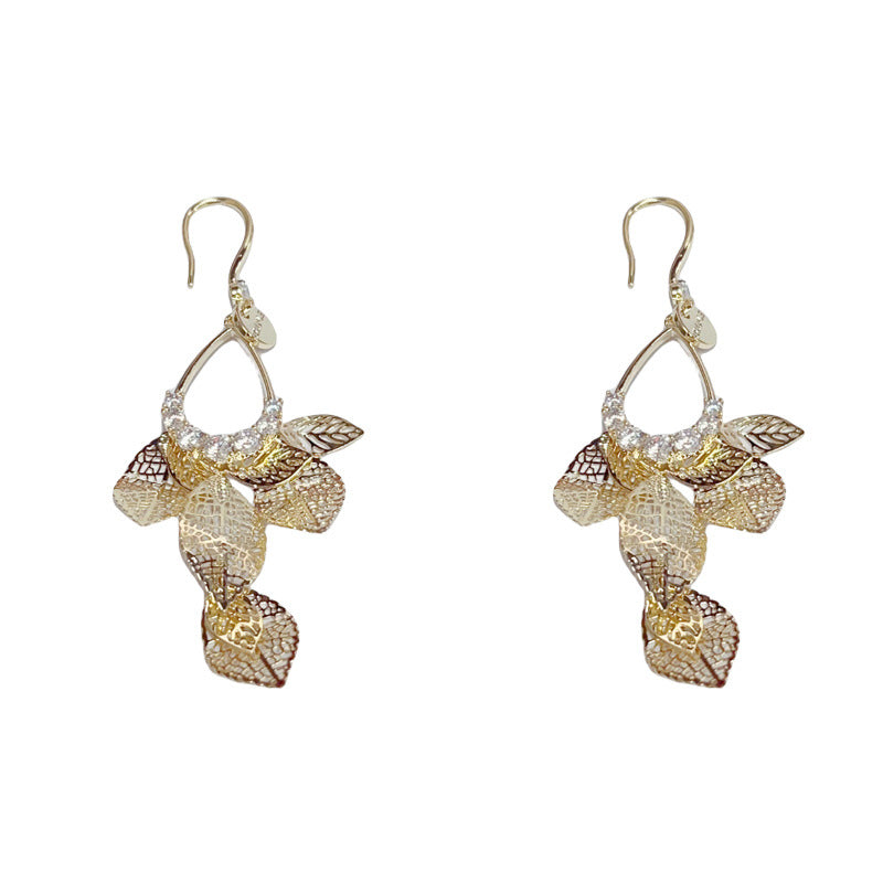 Luxury Zircon Metal Hollow Leaf Tassel Earrings – Elegant Design