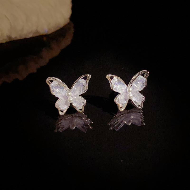 Silver-Plated Purple Pearl Butterfly Stud Earrings – Sweet Design