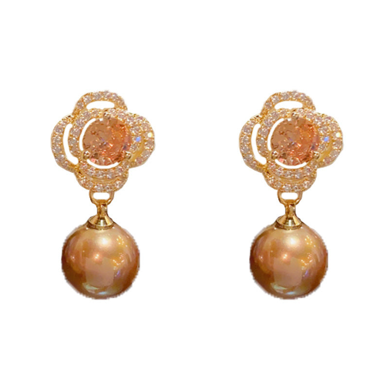 Luxury Zircon Petal Pearl Drop Earrings – French Floral Design