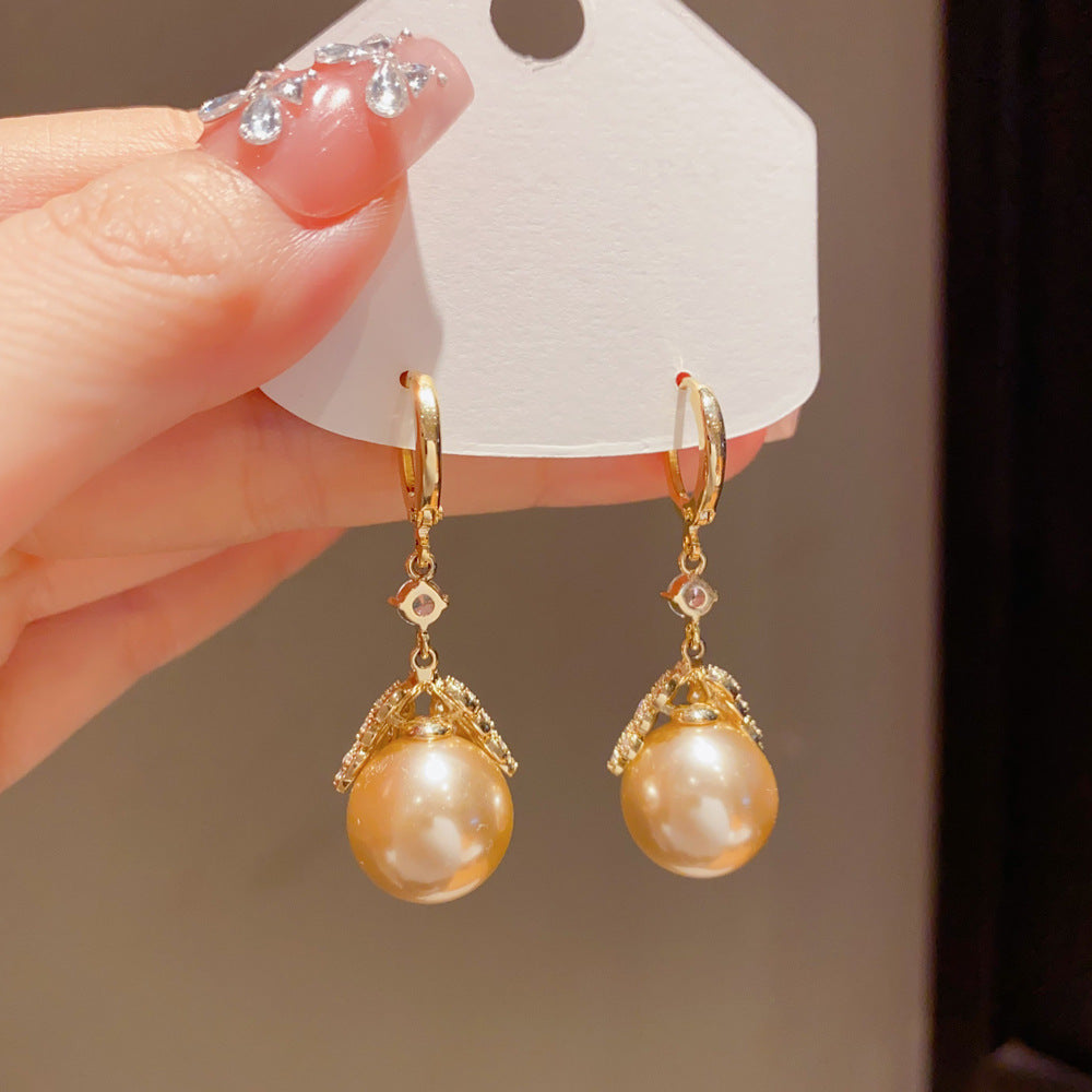 Eaioncol Leaf Pearl CZ Tassel Drop Earrings Gold